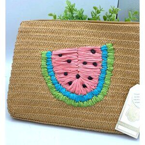 Mudd Pie Watermeleon Hand Made Designed Straw Purse Zipper Style Clutch